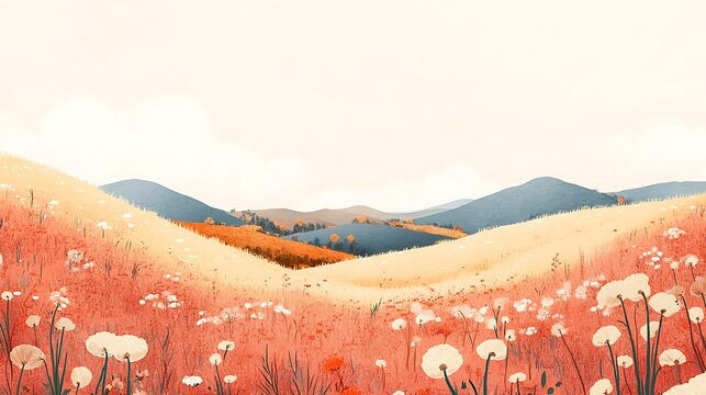 Serene autumn landscape with rolling hills and wildflowers.