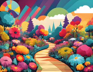 colorful garden with cool isolated pop art style background