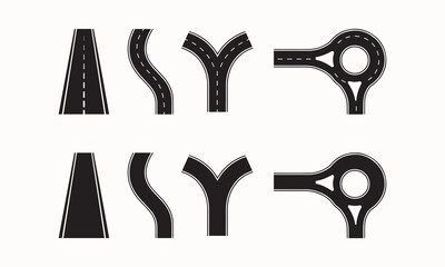 Highway and Road lane Vector Icons with Multiple Lanes and Road Markings, Curved Road and Traffic Lane Silhouettes for Maps and Navigation Graphics