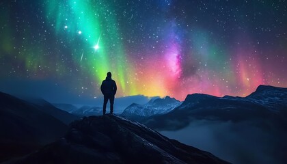 A person stands observing the aurora borealis in the night sky