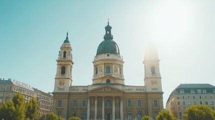 Obraz premium Majestic European church facade under bright sun