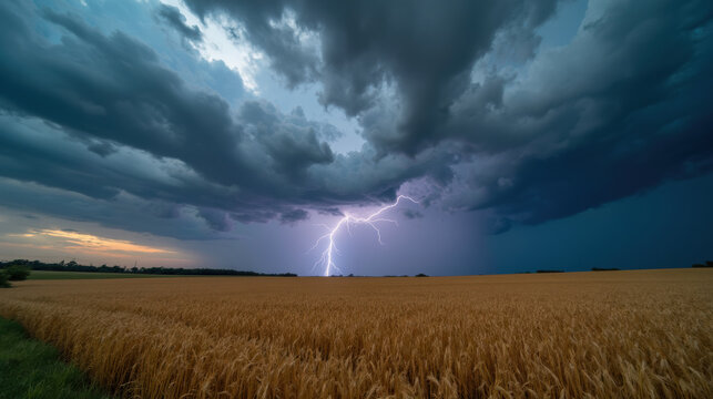 dramatic lightning strike illuminates stormy sky over golden wheat field, creating powerful and awe inspiring scene