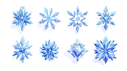Collection of blue snowflake icons, isolated on a clean white background, perfect for winter-themed designs and decorations