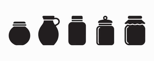  Set of Jar and Container Silhouettes for Kitchen Storage and Packaging Design, Black and White Jar Icon Set for Kitchen, Pantry, and Packaging Uses