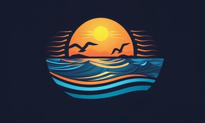 Vibrant sunset over rolling waves with flying birds in a serene seascape at dusk