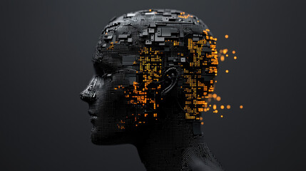 digital human head composed of small cubes and glowing orange particles symbolizes artificial intelligence and data processing