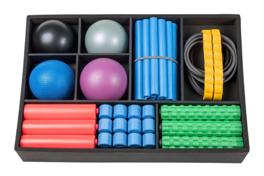 Fitness equipment neatly organized in a tray isolated with transparent background