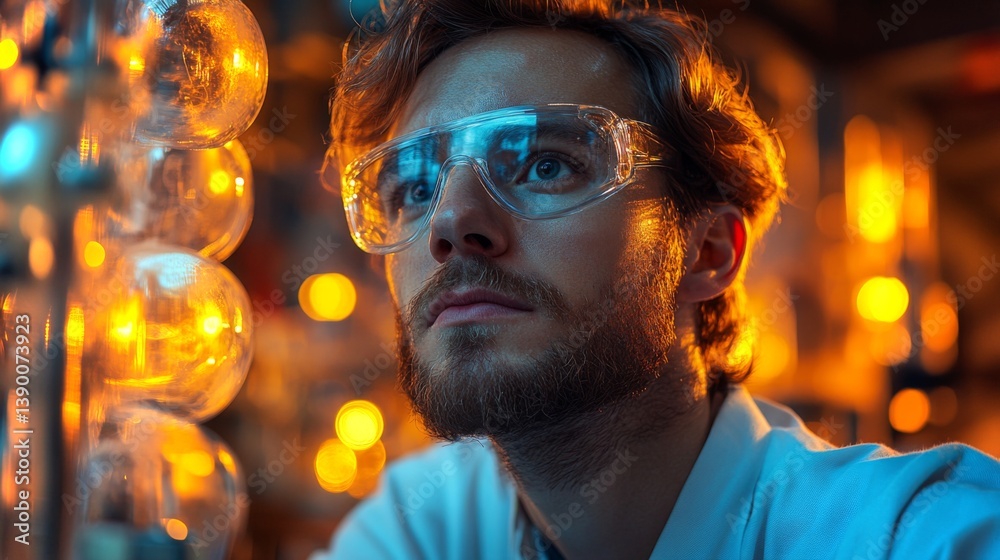 Poster A scientist in protective eyewear studies data in a vibrant laboratory filled with various glassware, contributing to advancements in mining and energy generation technologies.