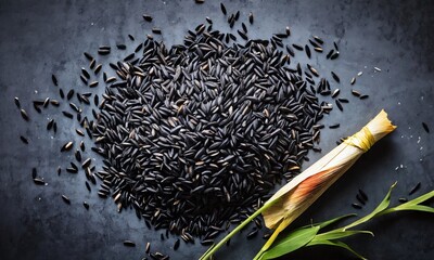 Black rice and green herb arranged on a dark surface displaying natural texture and earthy colors for culinary inspiration