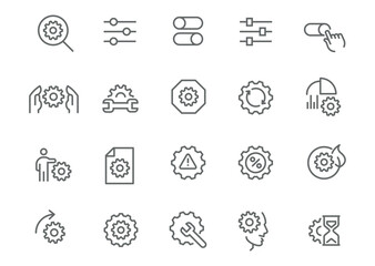 Vector Editable Icon Set "Settings Mechanism"- Illustrates various configuration tools, from sliders and switches to gears and wrenches, popular in search queries