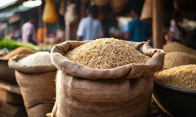 Bags of rice displayed at a bustling market in the afternoon, highlighting local agriculture and vibrant trade practices