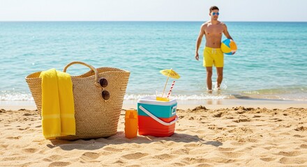A man standing in the shallow water, about to enjoy a fun summer day at the beach. There are his bag with a towel and sunglasses, bucket toys, sunscreen bottle on the beach