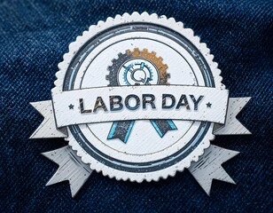 A vintage-style Labor Day emblem or badge with gears and ribbon, placed on a denim texture. Symbol of labor rights, hard work, and industry celebration.
