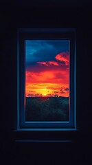 Sunset through the window of a room with a cloudy sky.