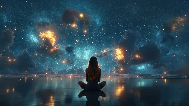 Tranquility Under Starlight: A woman finds solace in the mesmerizing cosmos, reflecting serene atmosphere of the starry night sky. She meditates, embracing peace and contemplation under the radiant.