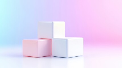 Obraz premium Pastel Cubes Minimalist Display, Soft Lighting High Resolution, Stacked Arrangement Reflective Surface, Product Showcase Concept, Gradient Background, Sweet Feminine Mood, Ideal for Brand Marketing