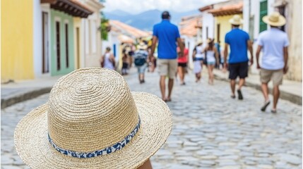 Tourists stroll down a colorful cobblestone street