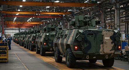 A line of military vehicles ready for action, showcasing modern armored technology and heavy machinery in an industrial setting. 
