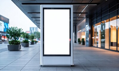 Billboard blank space waiting for advertisement in modern urban setting near shops during twilight hours