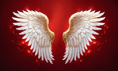Majestic white angel wings with golden accents against a vibrant red background showcasing a spiritual theme