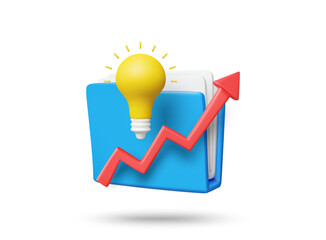 3D Illustration Vector Render Icon File Up Arrow, Isolated Light Bulb On White Background. Creative Business Plan Startup Concept. Data Gathering, Growth, New Idea Or Business Vision.
