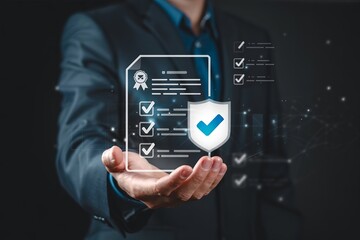 A professional business digital illustration showing a hand in a dark business suit holding a floating holographic document interface. The document contains a white shield icon with a blue checkmark, 