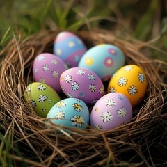 A colorful nest holds beautifully painted eggs adorned with floral designs for Easter celebration.