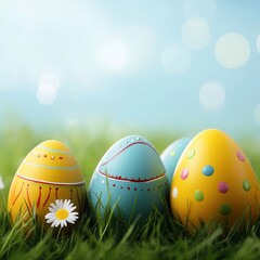 Colorful Easter eggs nestled in grass with daisies under a clear blue sky.