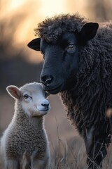 Obraz premium Black sheep and lamb in sunset