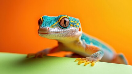 Colorful Geckos on Bright Background, Close-Up of Exotic Reptile, Nature Photography, Vivid Colors, Animal Portrait