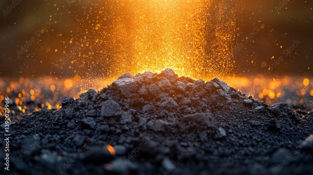 Poster heavy coal extraction takes place as dust and particles rise from a mound of coal, illuminated by th