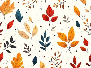 Colorful leaves are scattered over a textured and speckled white background