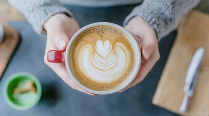 Fototapeta premium Person Holding a Cup of Coffee with Beautiful Latte Art in a Cozy Indoor Setting