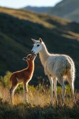 Fototapeta premium Mother llama and baby in mountains