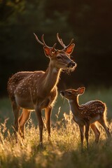 Obraz premium Doe and fawn in golden light