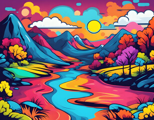 colorful river with cool isolated pop art style background