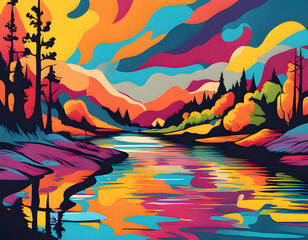 colorful river with cool isolated pop art style background