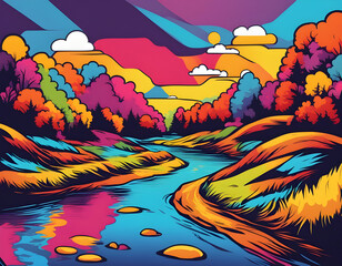 colorful river with cool isolated pop art style background