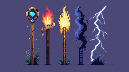 Pixel Art Game Assets Five Elemental Staves Fire Water Earth Air Lightning