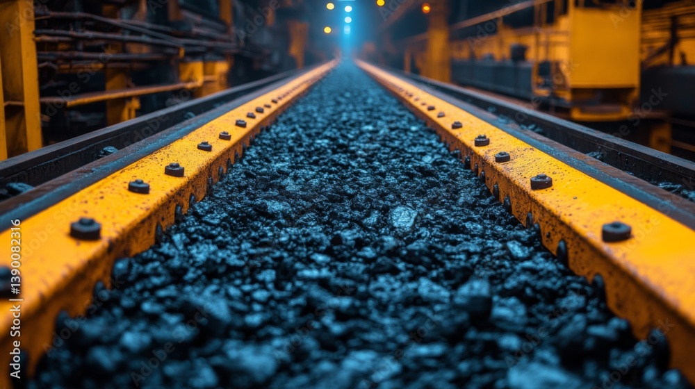 Poster tracks lined with dark coal lead into a mining facility, where extraction and metallurgy activities 