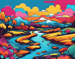 colorful river with cool isolated pop art style background