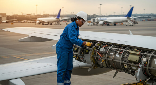 A focused female aviation mechanic meticulously inspects an aircraft engine on a busy airport tarmac, bathed in the warm glow of sunset.