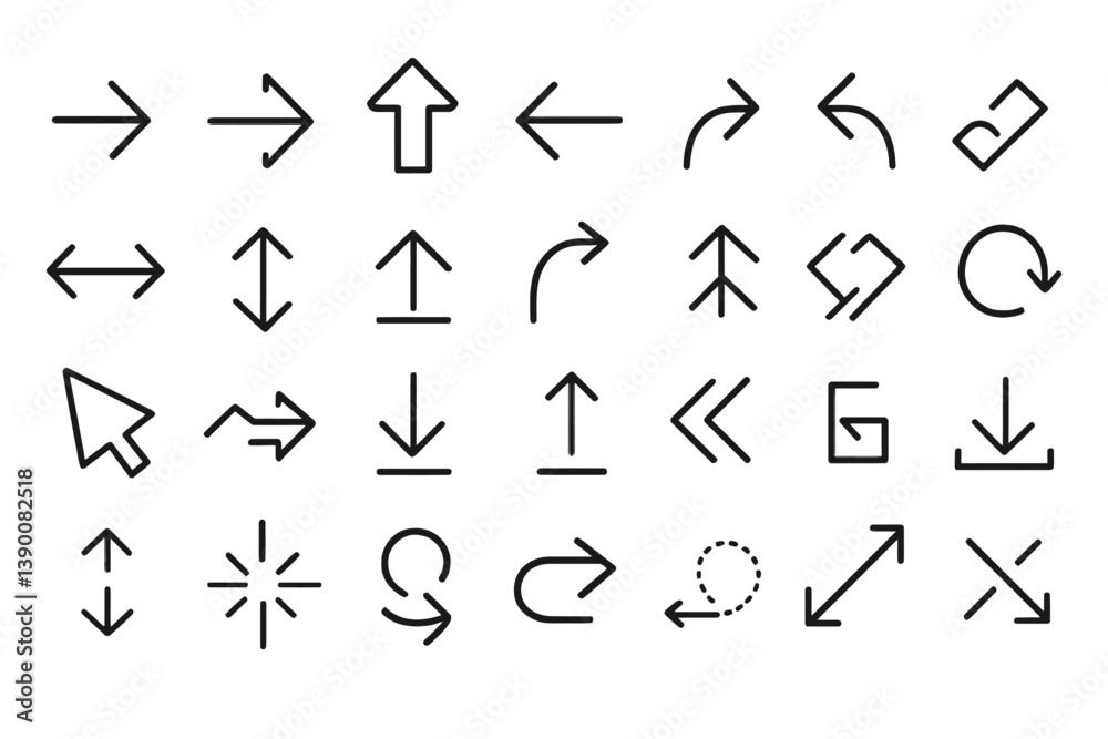 Fototapete variety of directional line vector icons depicting arrows, cycle symbols, and cursor shapes for digi