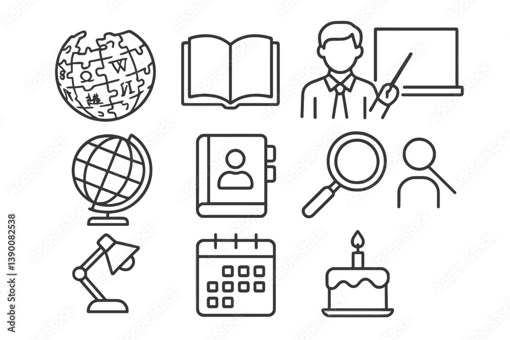 Poster Educational symbols represented in line vector icon format showcasing various tools and activities related to learning and knowledge sharing