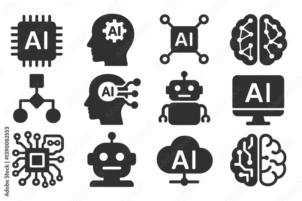 Poster Various line vector icons representing artificial intelligence concepts and elements, showcasing technology and innovation