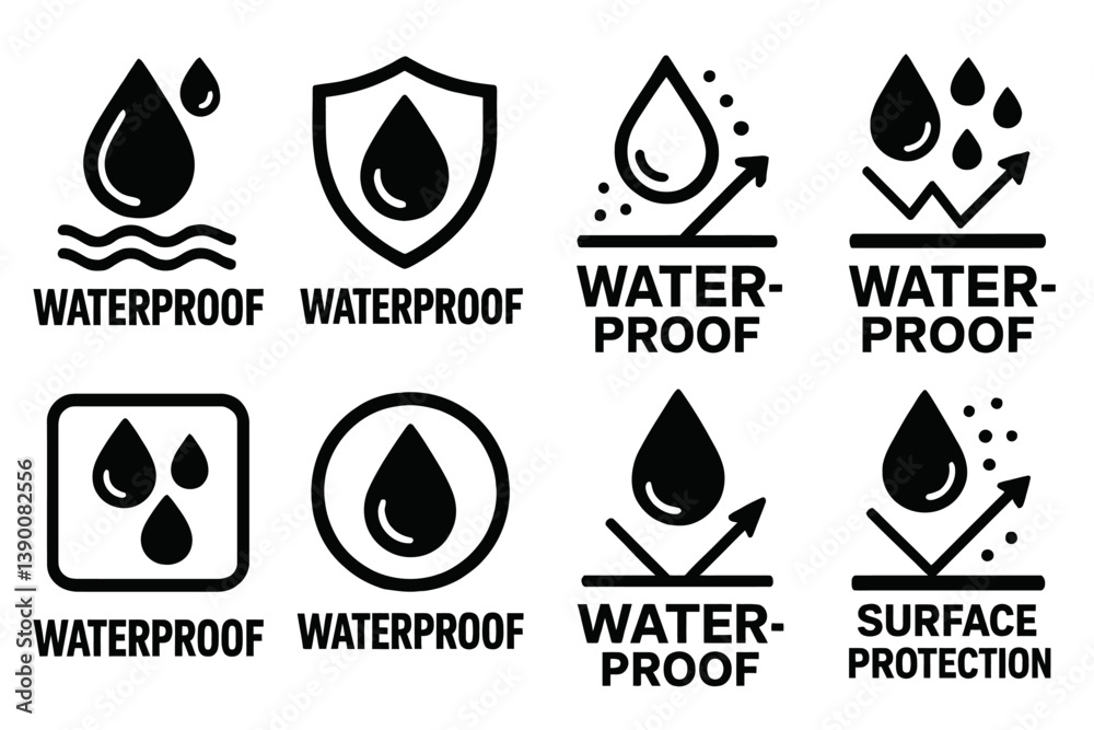 Poster vector icons depicting various designs related to waterproof features and surface protection concept