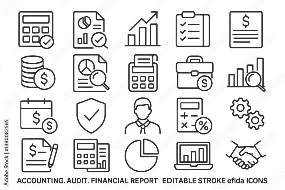 Poster detailed line vector icon collection depicting financial themes such as auditing, accounting, and re