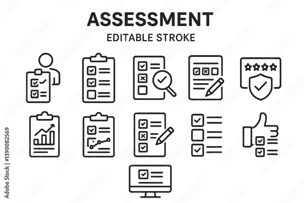 Aufkleber Assessment line vector icons showcasing various evaluation methods for data and performance analysis
