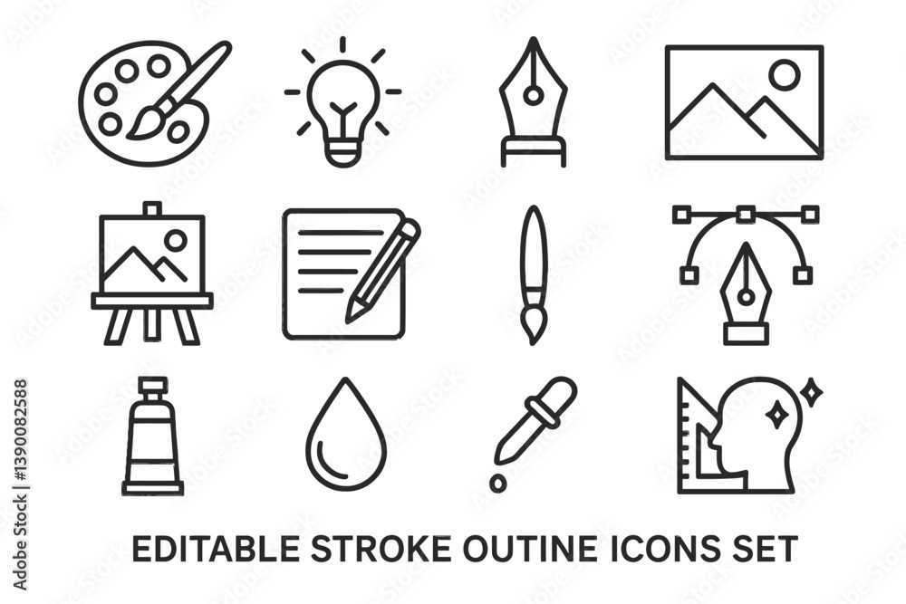 Poster creative toolkit vector icons featuring art supplies, design elements, and tools for digital creatio