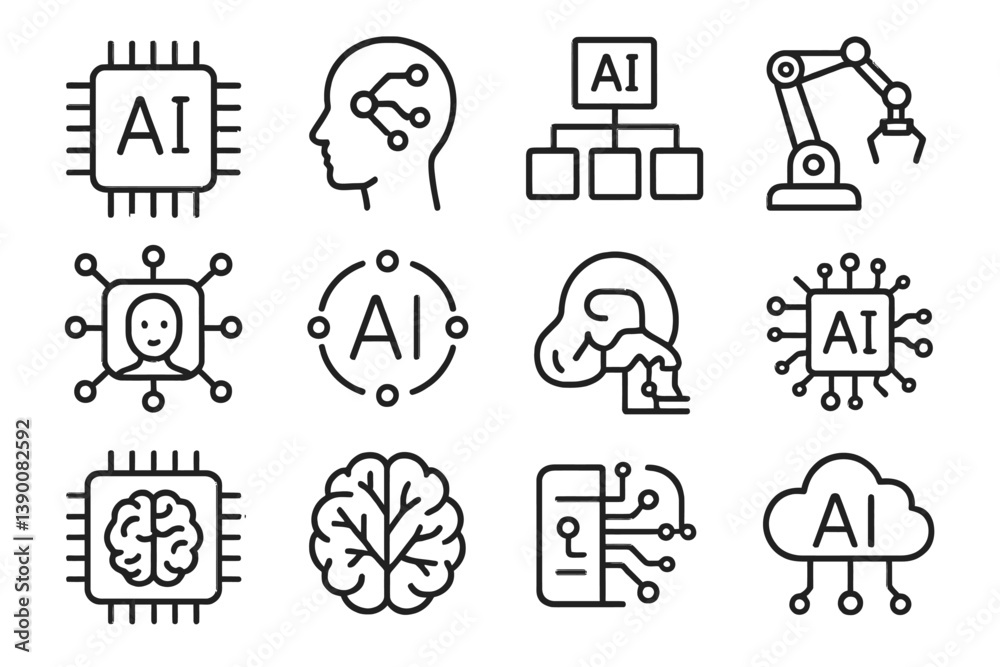 Leinwandbilder Line vector icons representing artificial intelligence concepts including brains, chips, and automation technology
